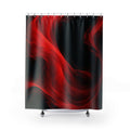 Flowing scarlet currents curling around black pools shower curtain with full front view