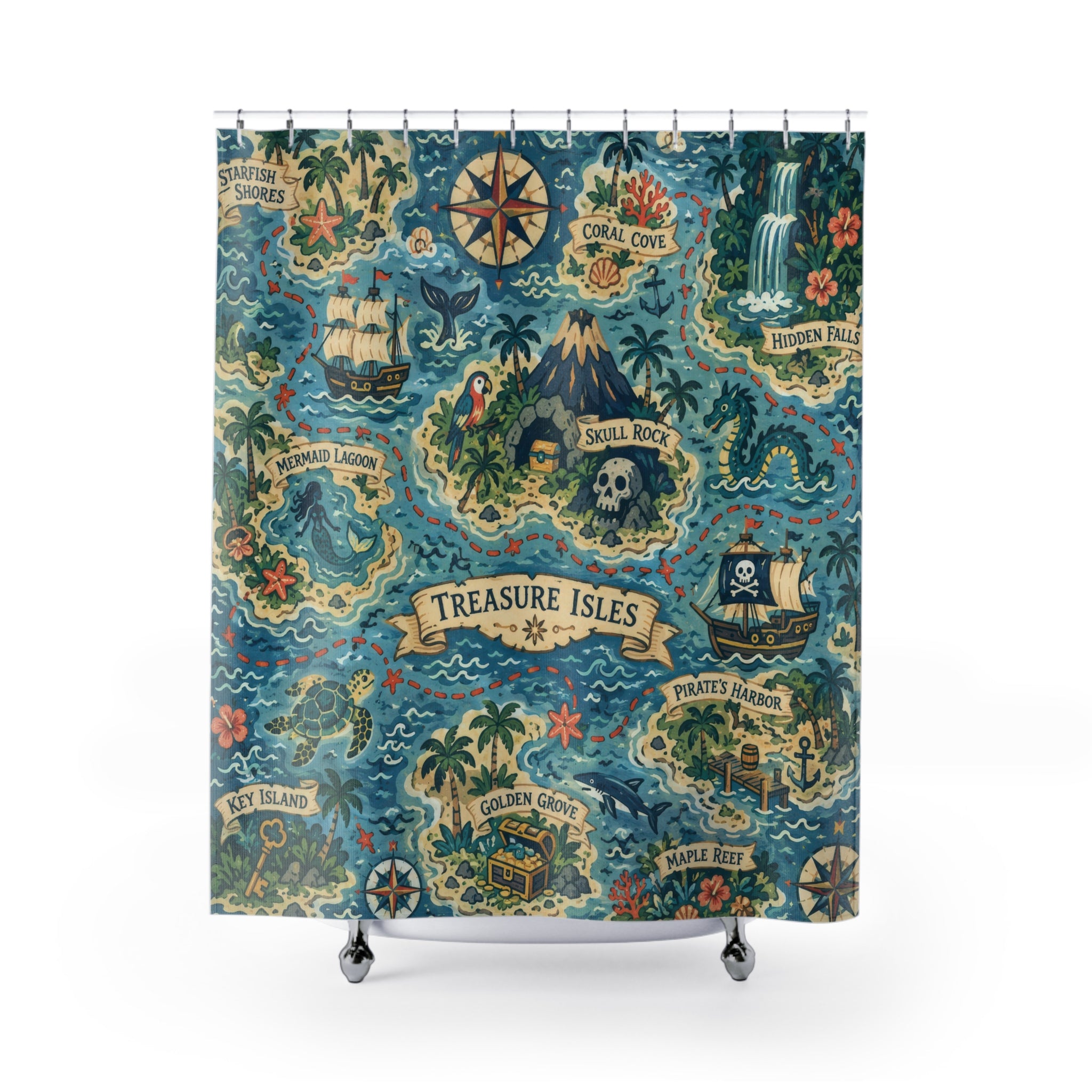 Fantasy Map Shower Curtain – Kids Treasure Island Blue