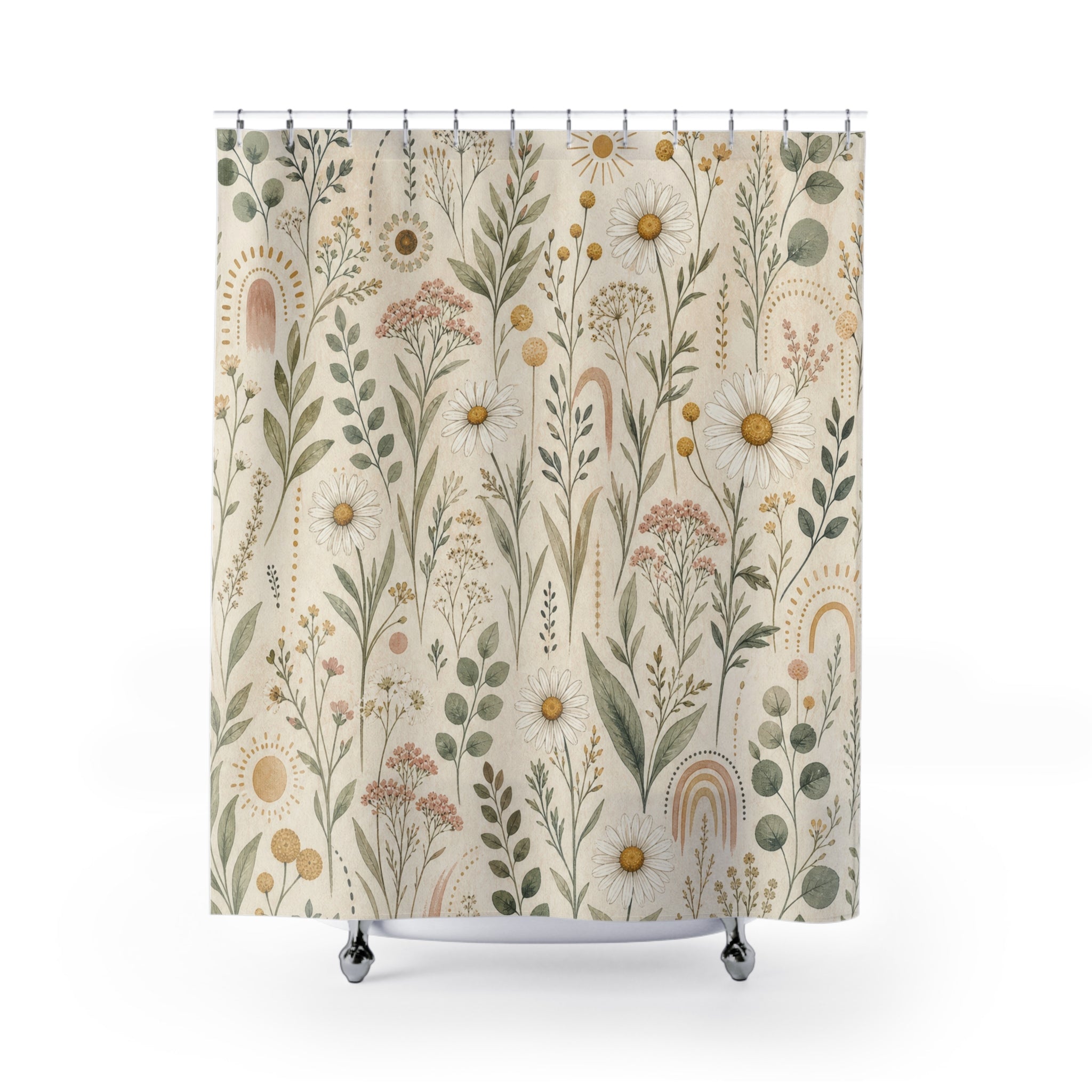Green Boho Daisy Shower Curtain