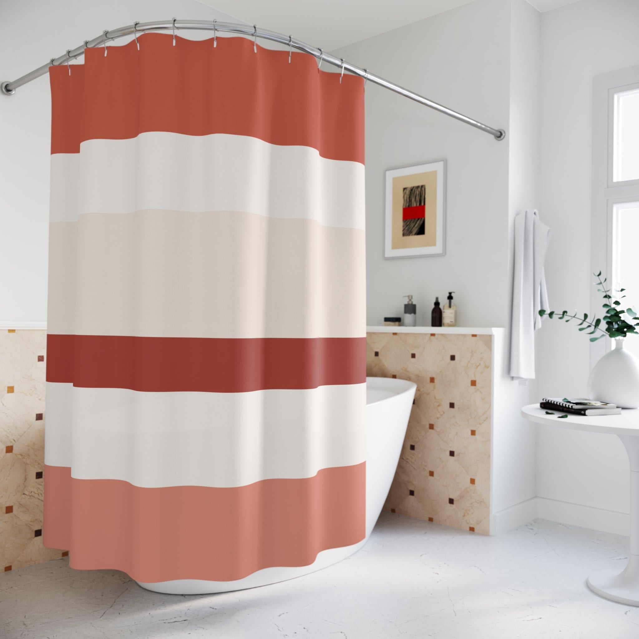 Coral and Beige Wide Stripe Shower Curtain