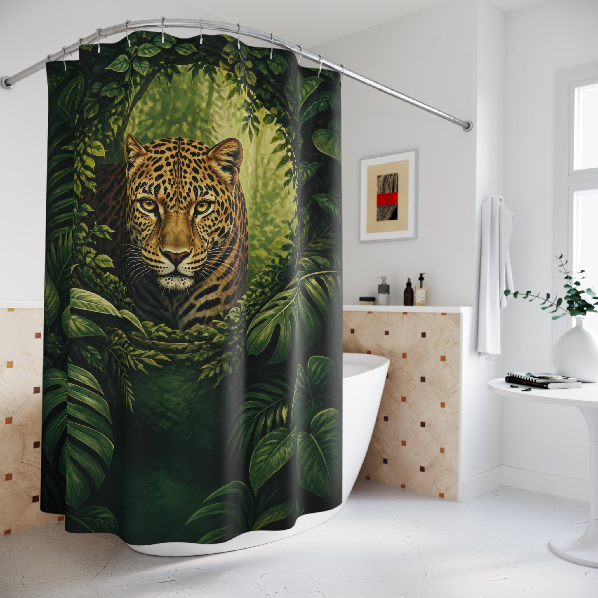 Emerald rainforest leopard portrait shower curtain beside a freestanding tub