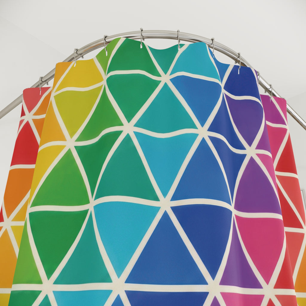 Rainbow triangles separated by slim ivory lines shower curtain with close-up print, hooks, and folds