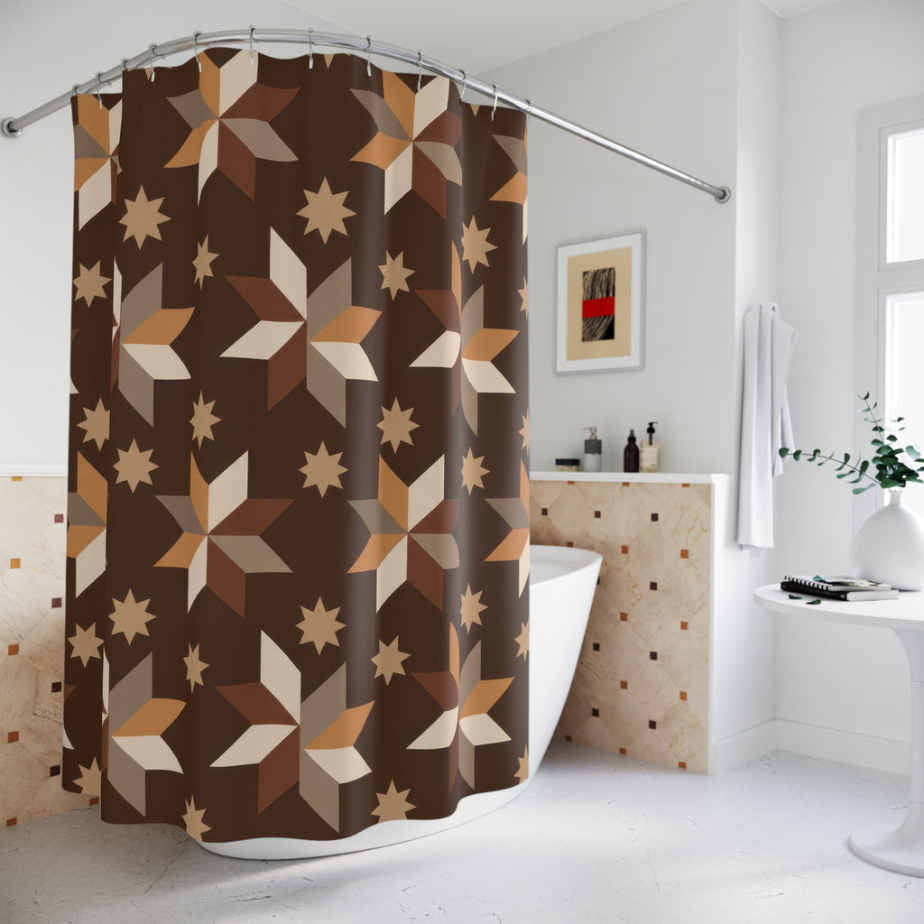 Caramel, taupe and cream folk stars on cocoa brown shower curtain beside a freestanding tub
