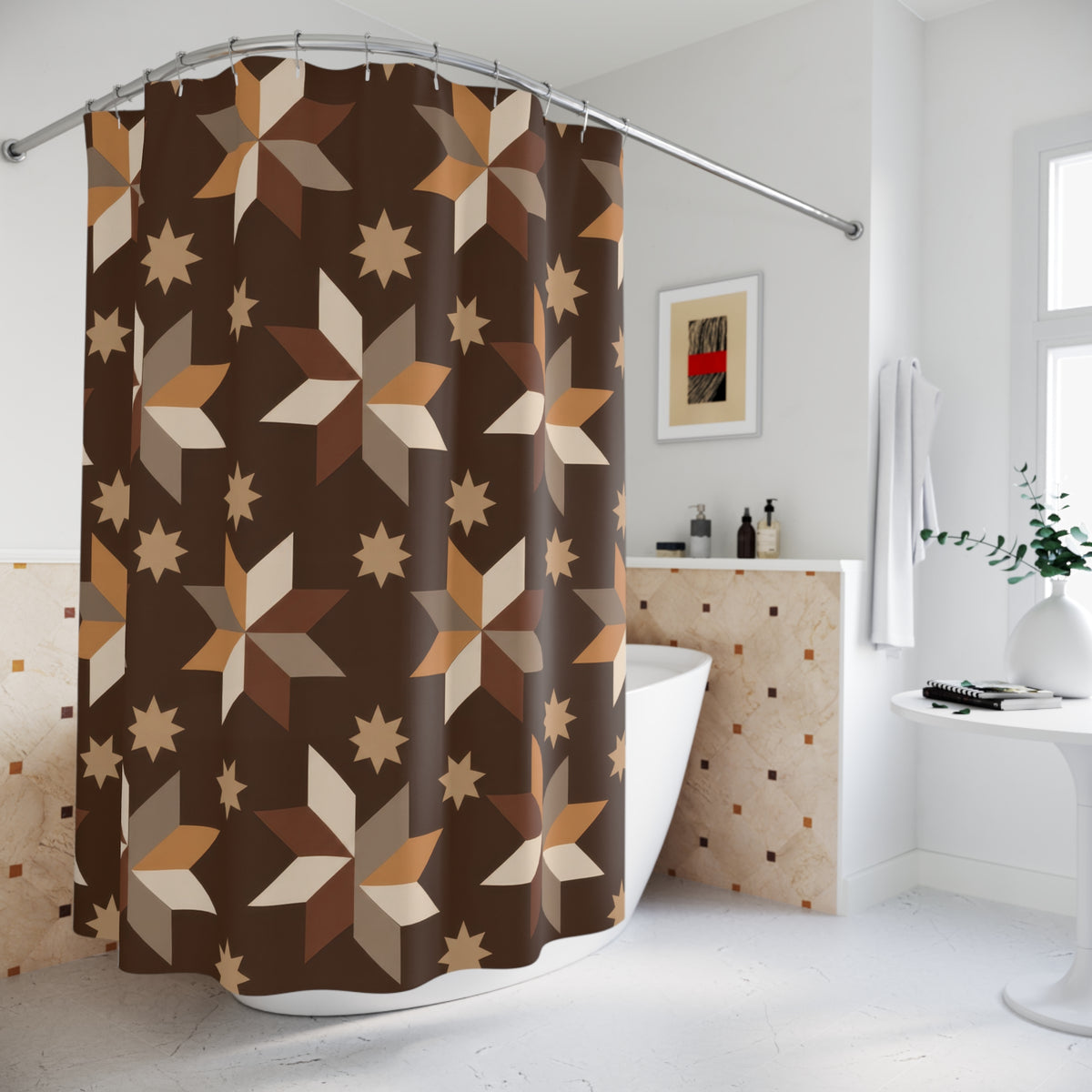 Caramel, taupe and cream folk stars on cocoa brown shower curtain beside a freestanding tub