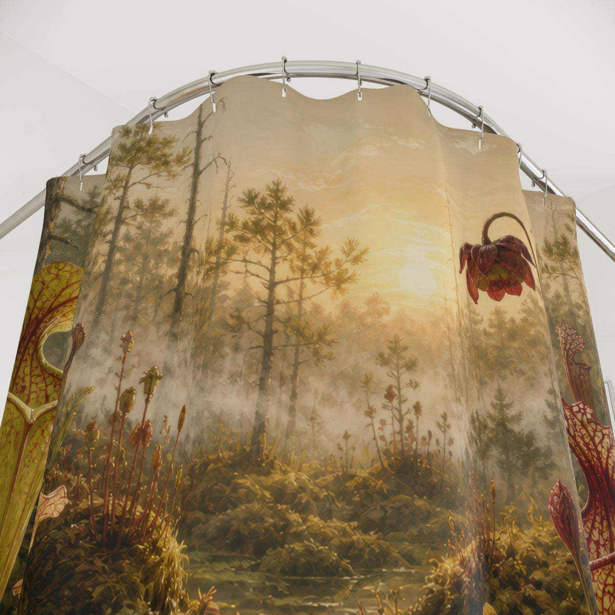 Sundews and pitcher plants growing in a luminous bog shower curtain with close-up print, hooks, and folds