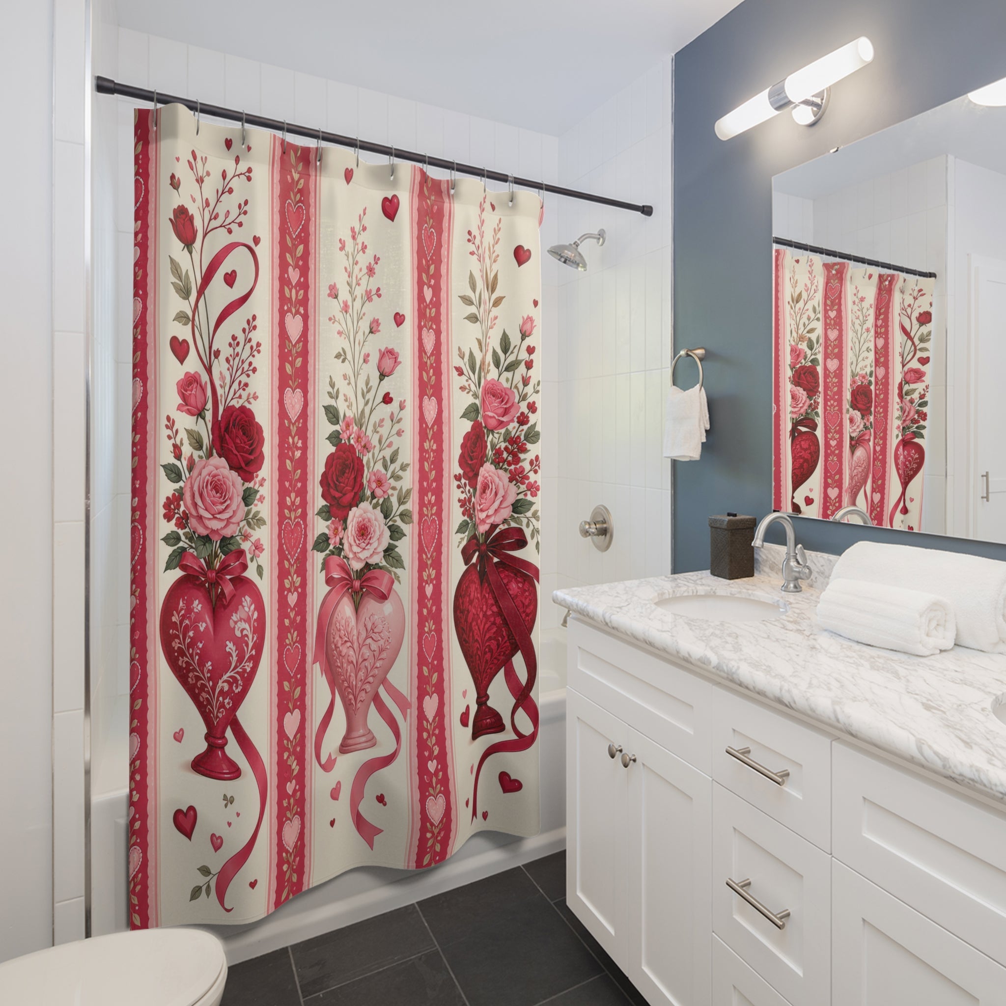 Floral heart vases with red and blush rose bouquets shower curtain beside a white vanity