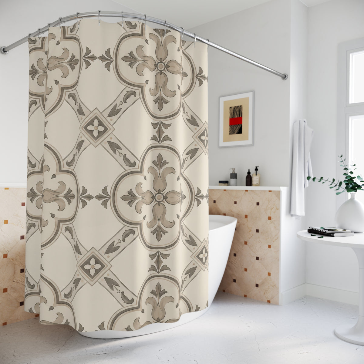 Taupe leaf ornaments in ivory quatrefoils with diamond links shower curtain beside a freestanding tub
