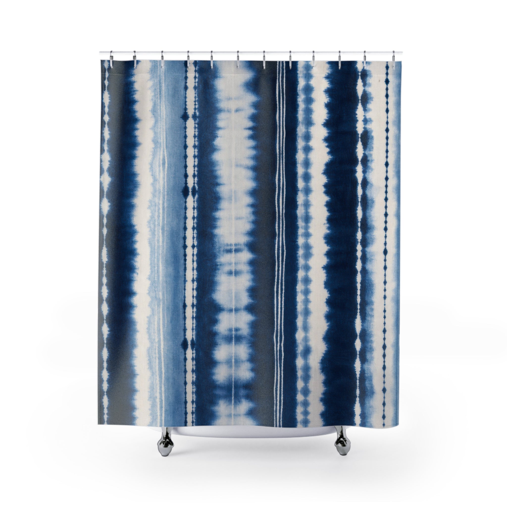 Navy White Tie Dye Look Vertical Stripe Shower Curtain