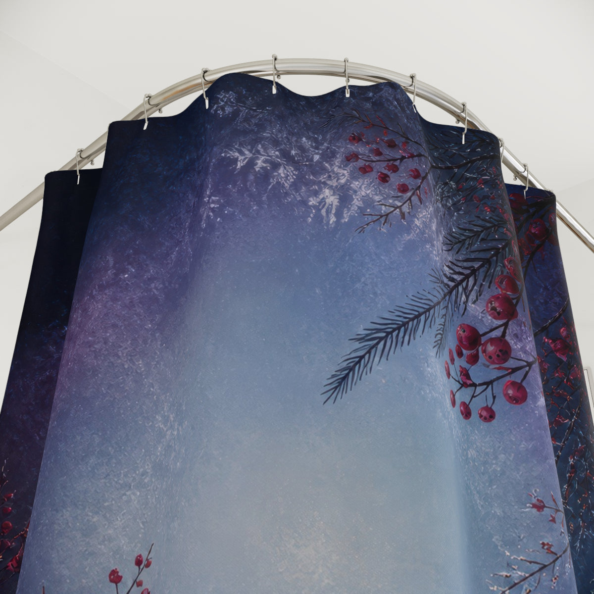 Crimson winter berries around an icy blue halo shower curtain with close-up print, hooks, and folds