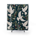 Christmas Dove Shower Curtain, Teal White Paper Cut Holiday Pattern, Olive Branch Winter Bathroom Decor, Elegant Festive Guest Bath