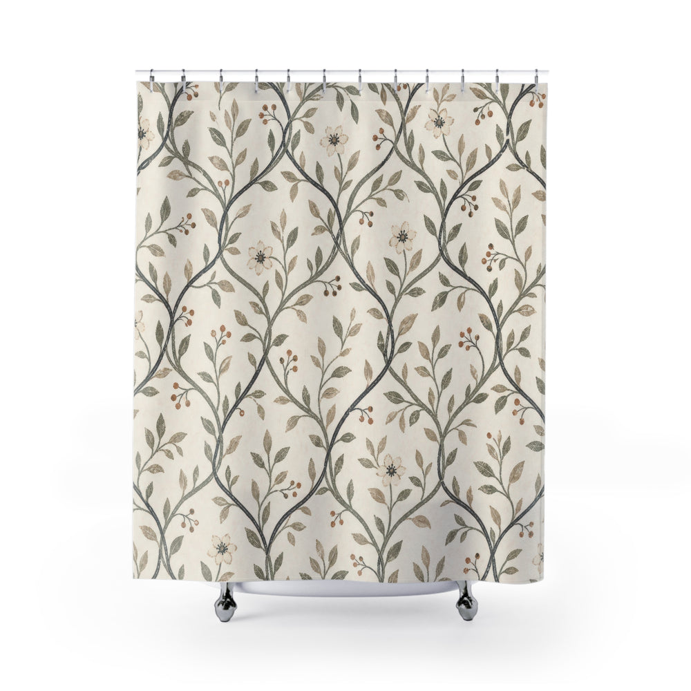 Olive Green Vine Floral botanical shower curtain with full front view