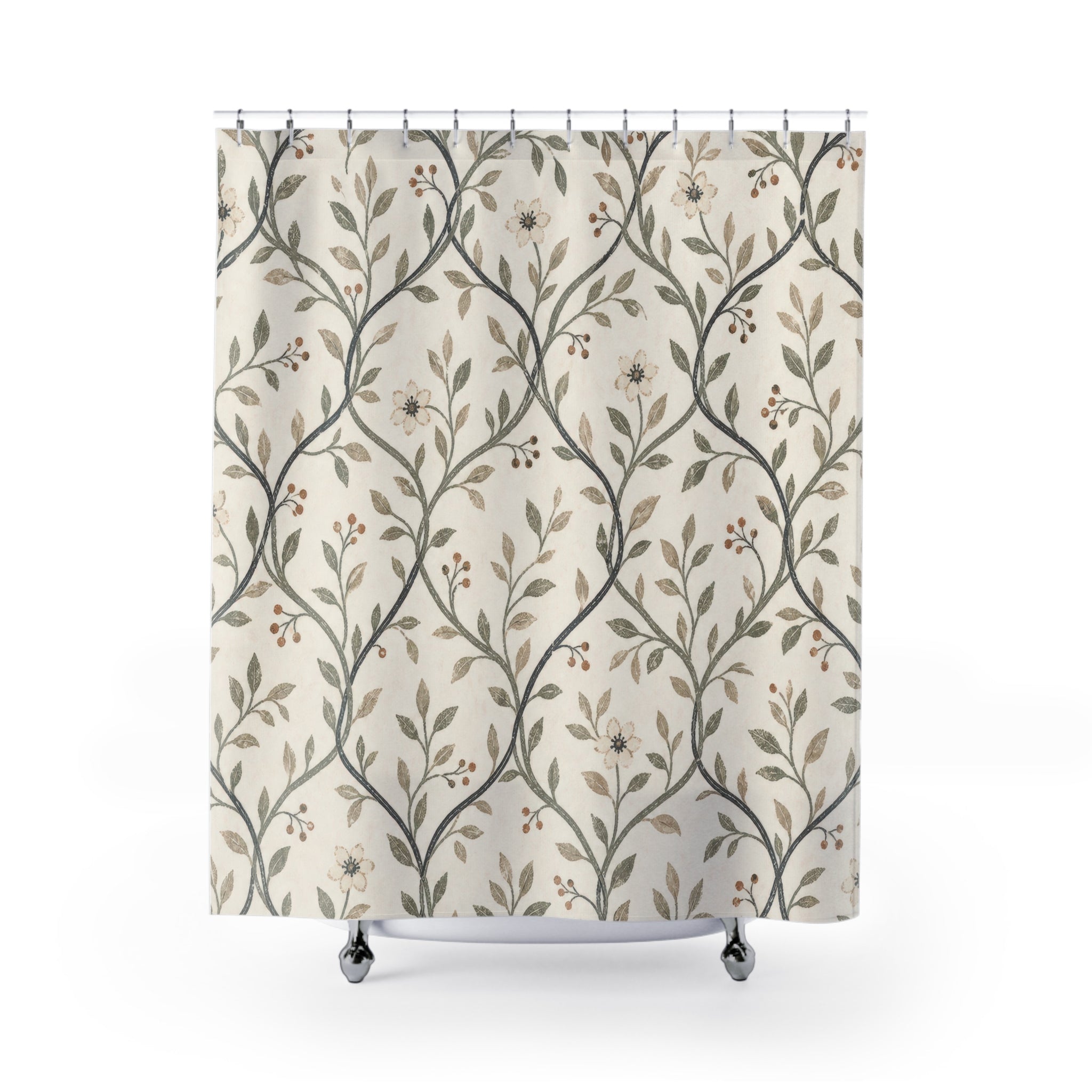 Olive Green Vine Floral Shower Curtain