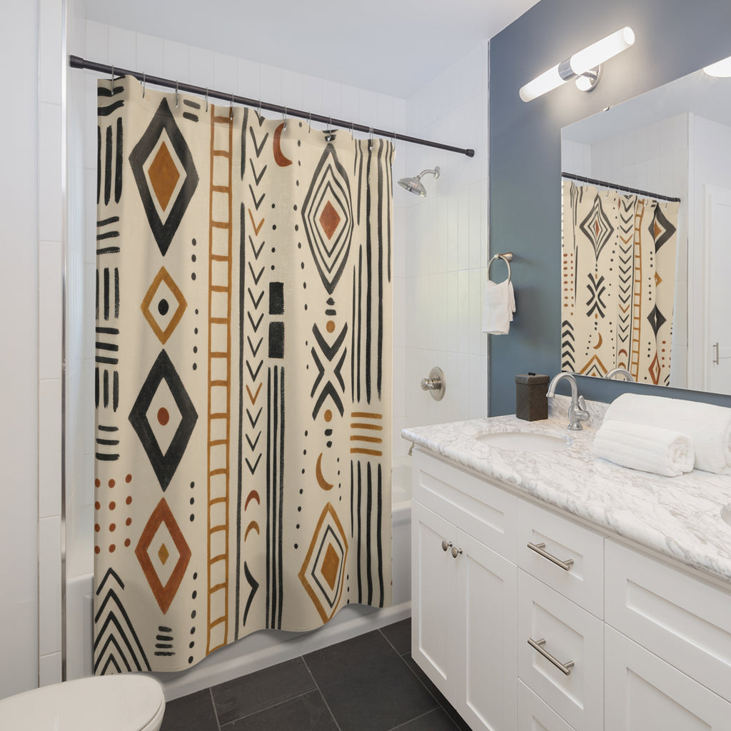 Black Cream Boho Geometric Shower Curtain