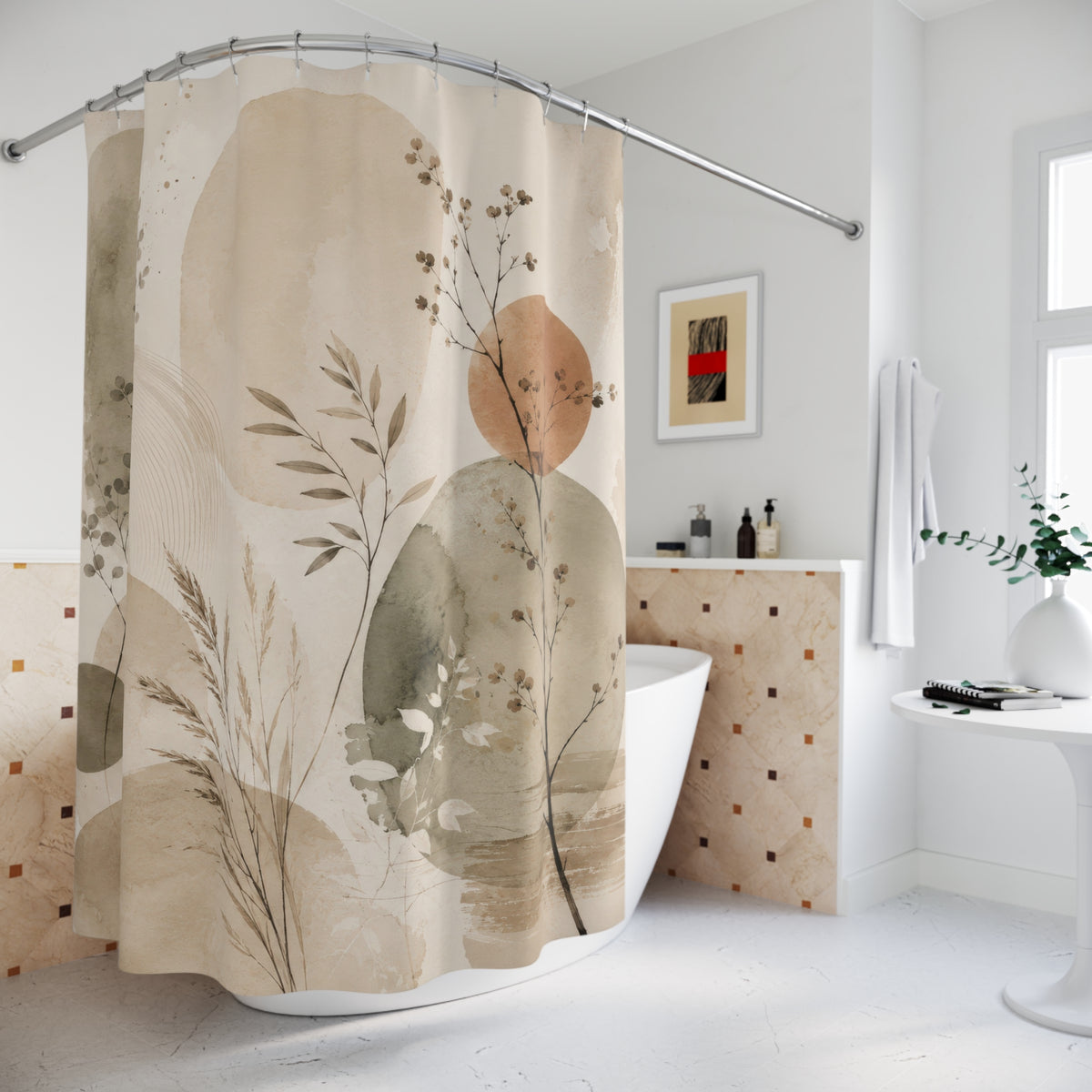 Japandi Shower Curtain: Sage Green Beige Botanical Abstract