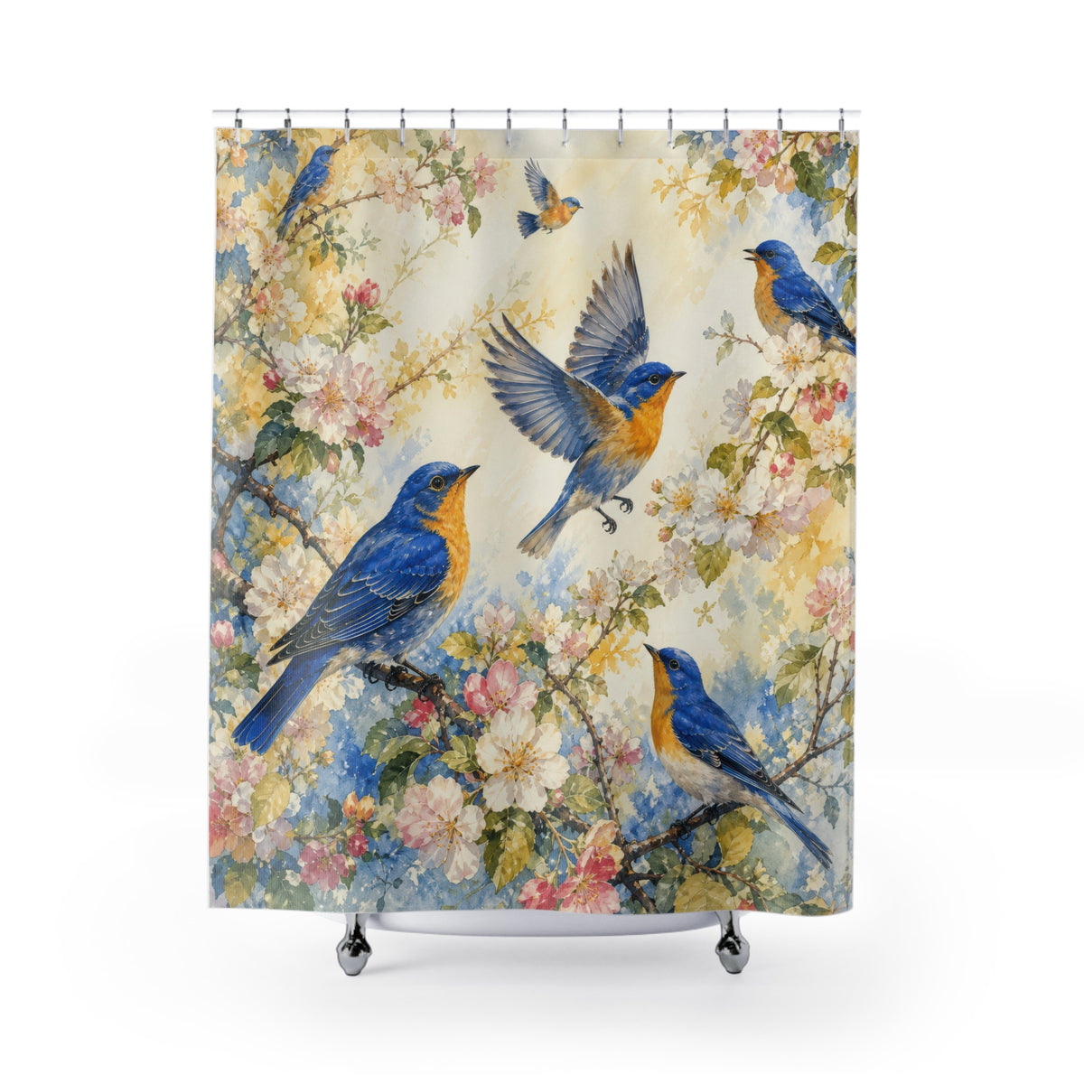 Blue and gold songbirds among blush blossoms on ivory shower curtain, full front view