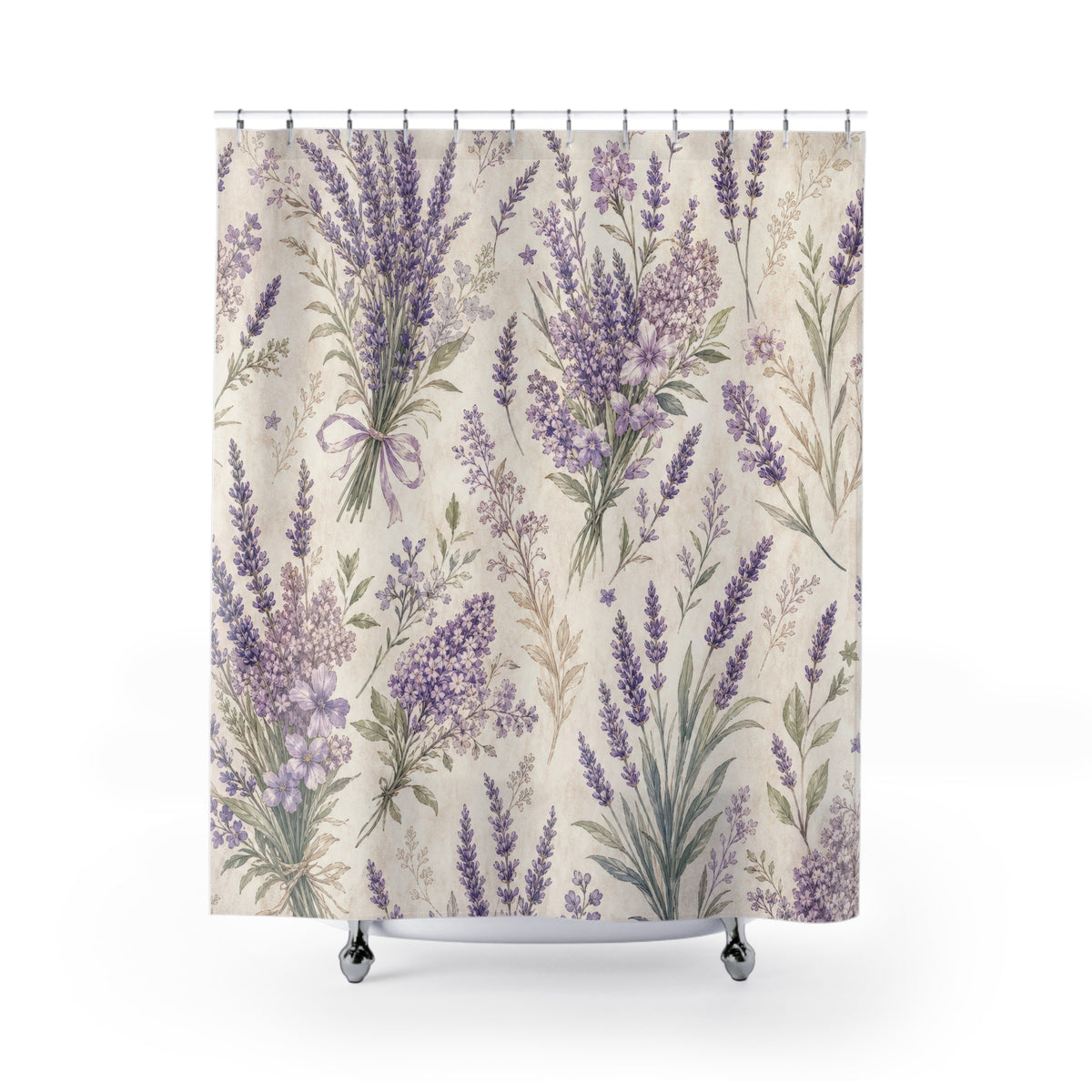 Purple Floral vintage lavender cottage shower curtain with full front view
