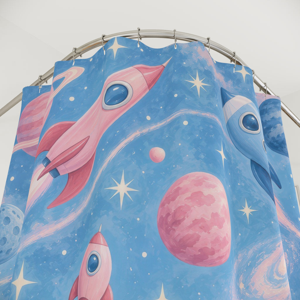Pink and blue rockets and planets with ivory stars shower curtain with close-up print, hooks, and folds