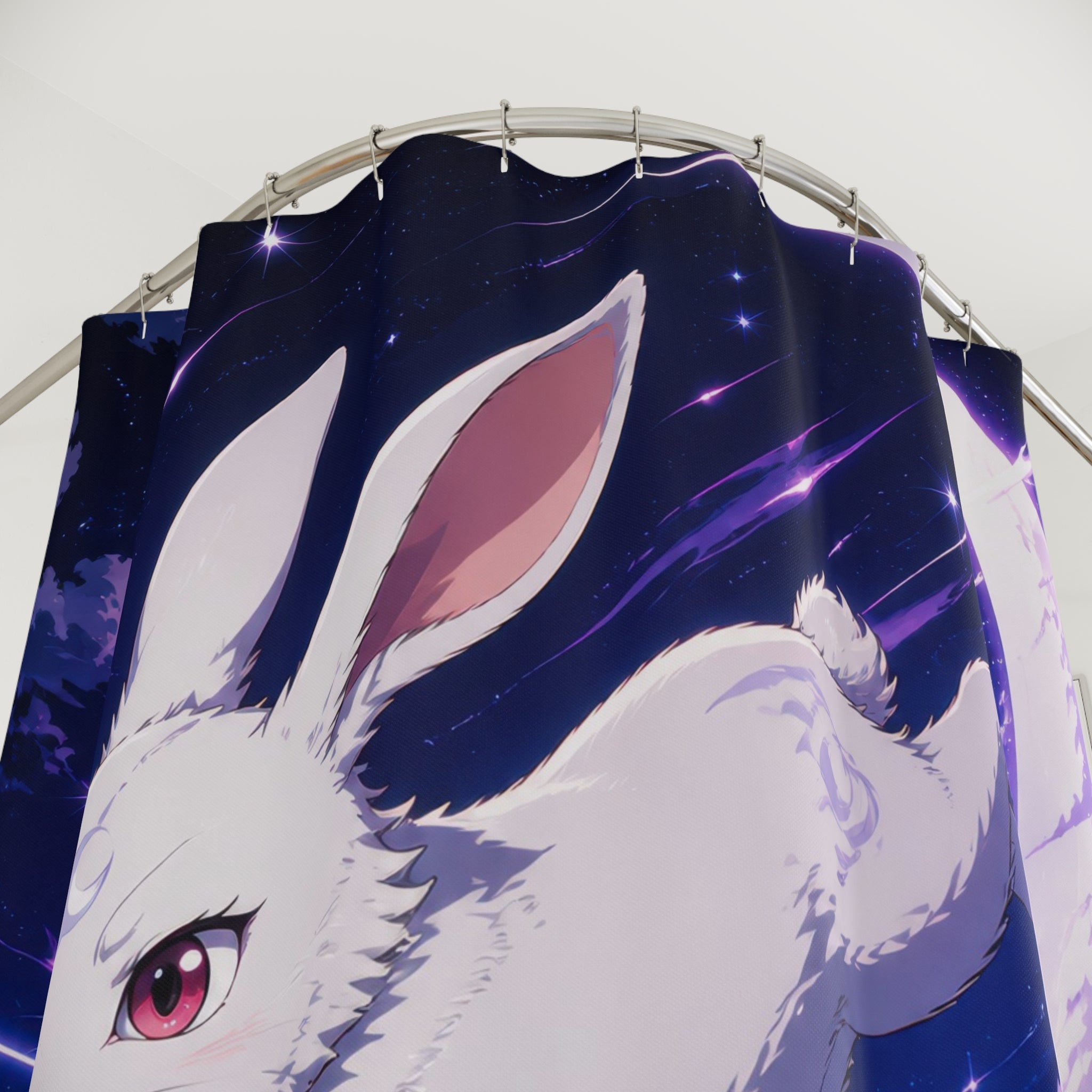 Moon rabbit archer leaping across a silver crescent shower curtain with close-up print, hooks, and folds