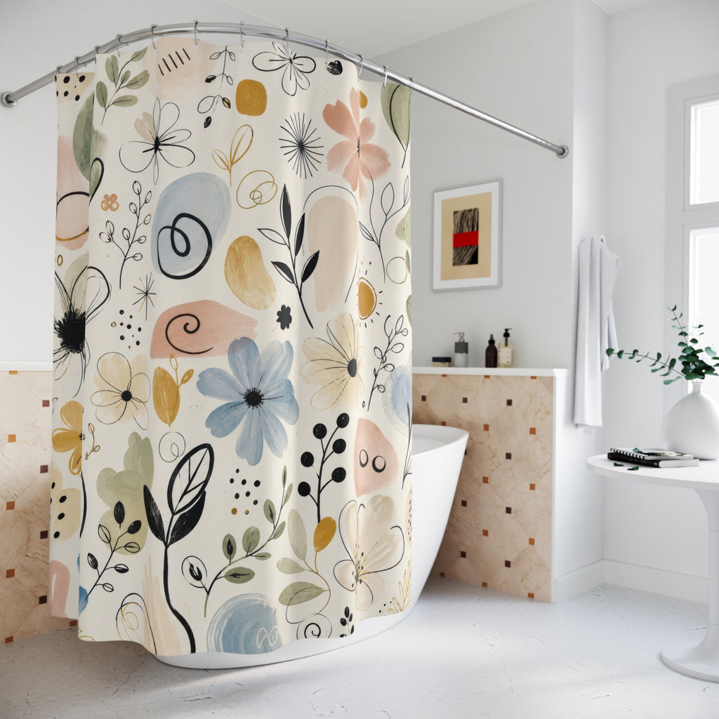Painterly Doodle Shower Curtain, Hand Drawn Botanical Flower Bath Decor, Black Ivory Sage Blush Abstract Guest Bathroom Style Decor