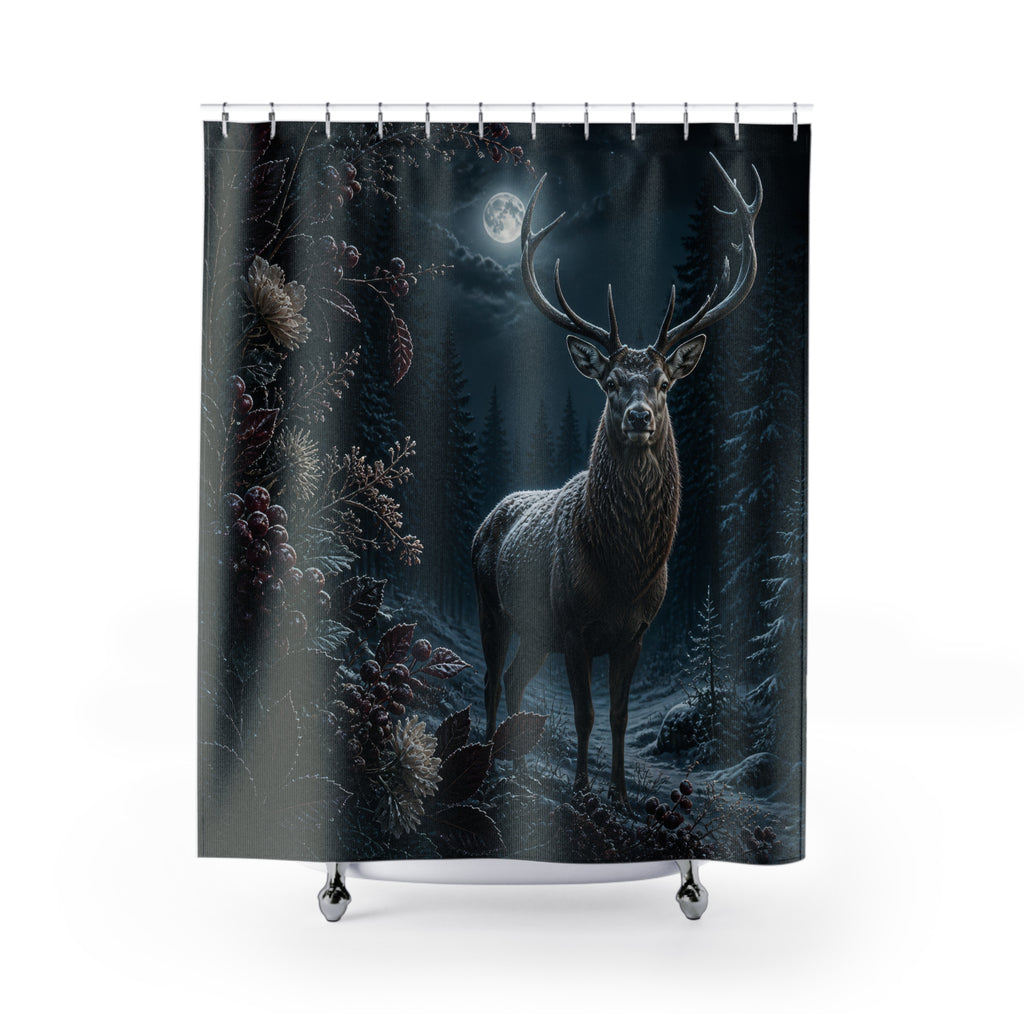 Stag in burgundy frosted forest shower curtain with full front view