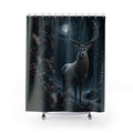 Stag in burgundy frosted forest shower curtain with full front view
