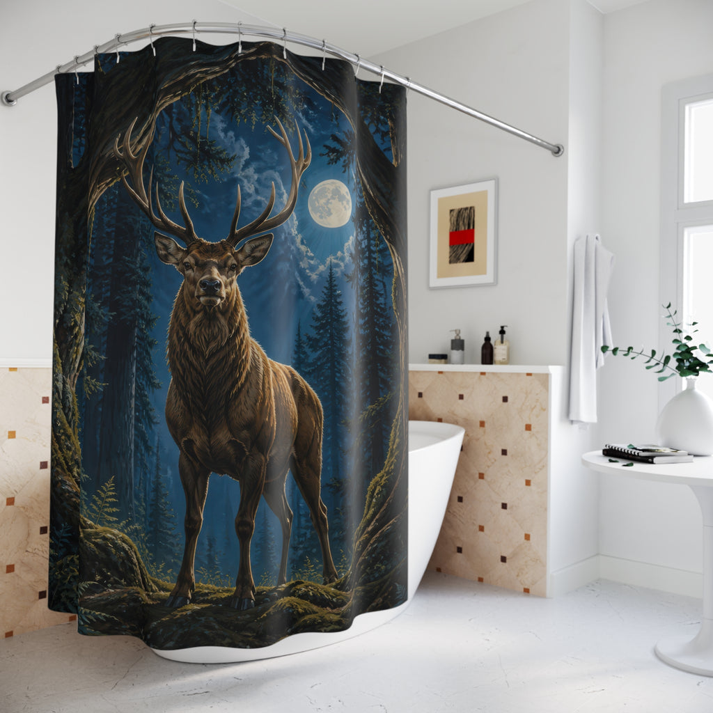 Moonlit woodland stag beneath a cedar arch shower curtain beside a freestanding tub