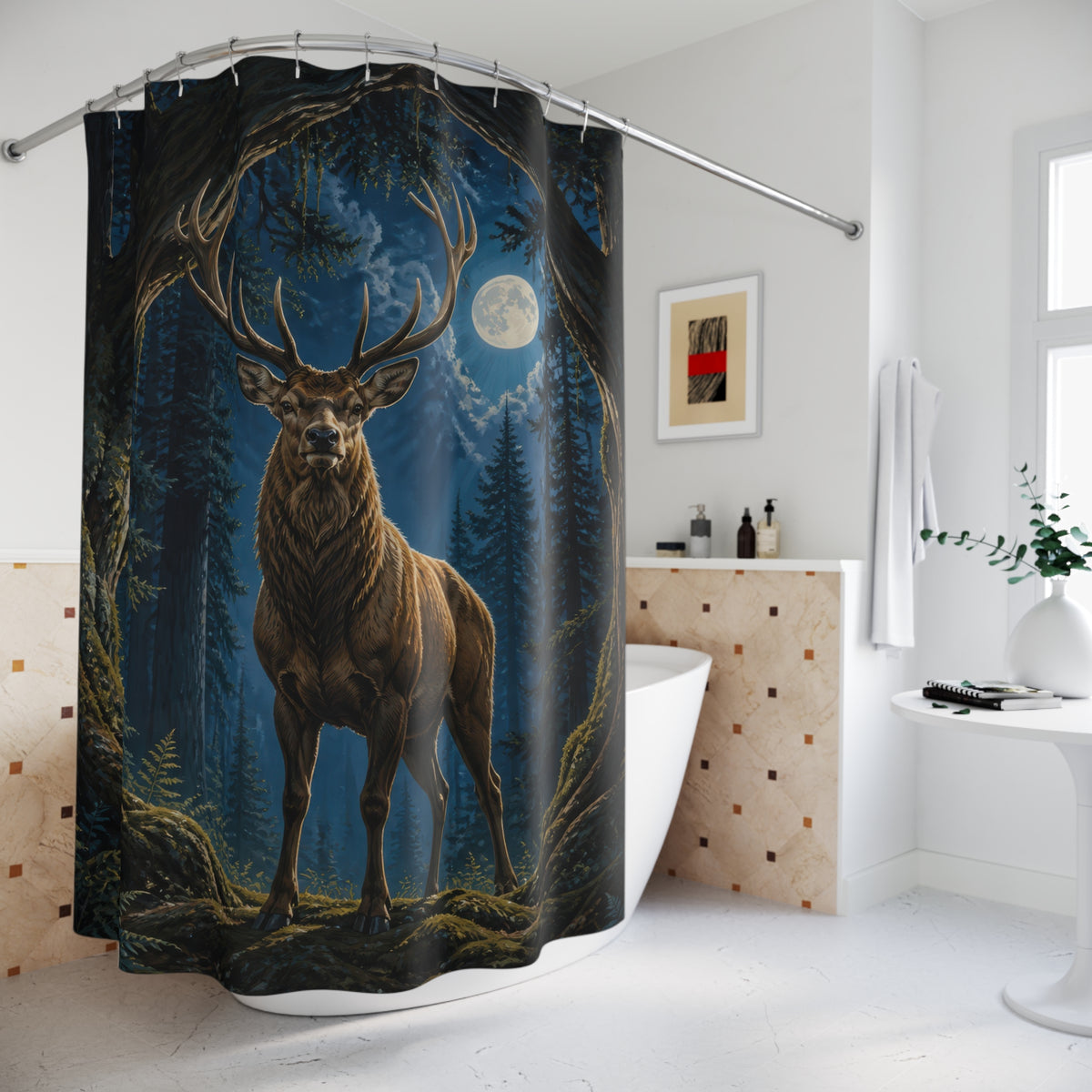 Moonlit woodland stag beneath a cedar arch shower curtain beside a freestanding tub