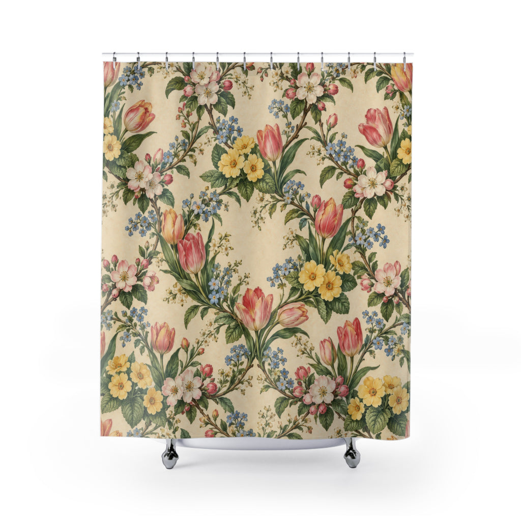 Pink tulips, apple blossoms, and primroses in a garden garland shower curtain with full front view