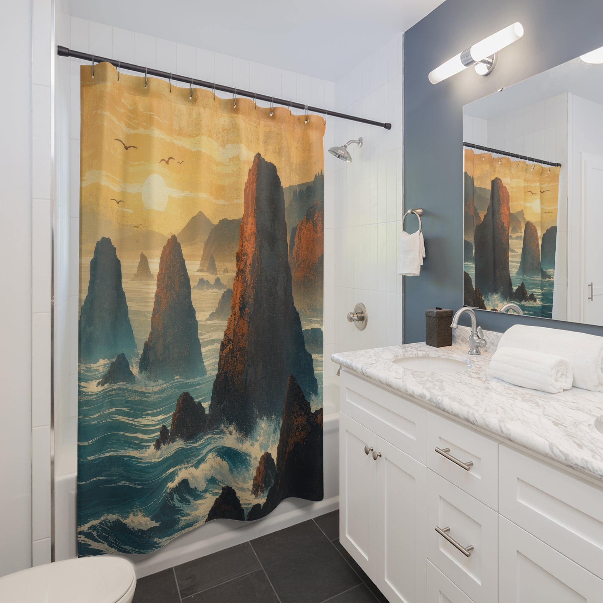 Golden Sea Stacks Coastal Shower Curtain