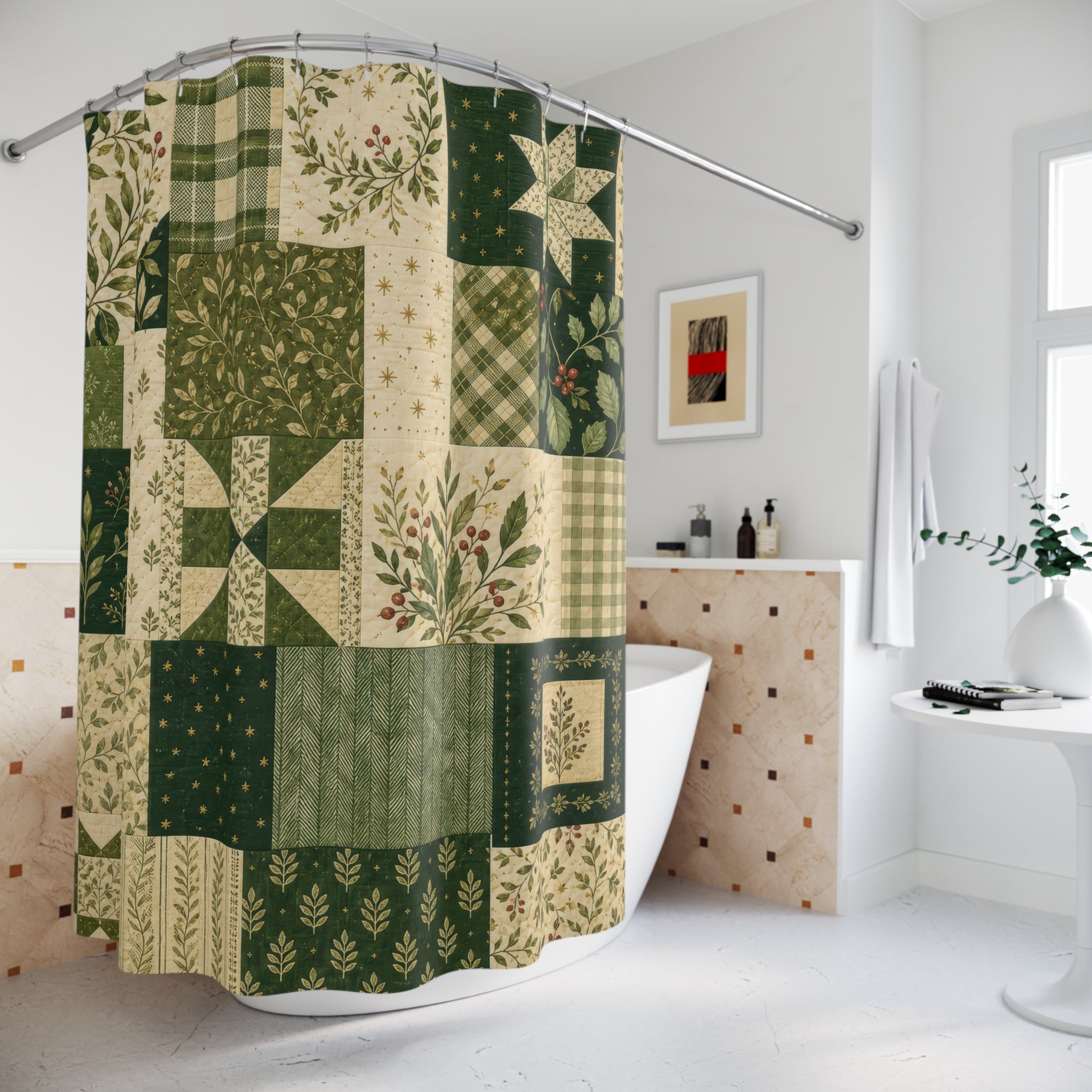 Farmhouse Patchwork Green Shower Curtain