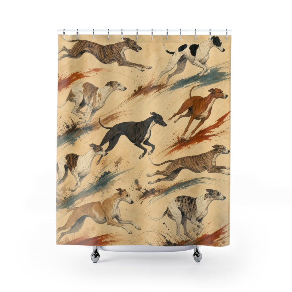 Running whippets with rust and teal brushstrokes shower curtain with full front view