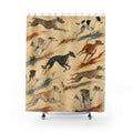 Running whippets with rust and teal brushstrokes shower curtain with full front view