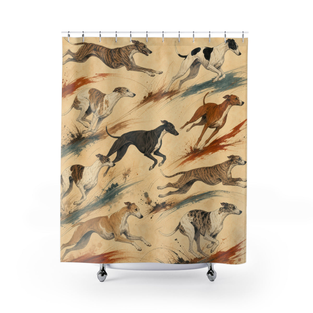 Running whippets with rust and teal brushstrokes shower curtain with full front view