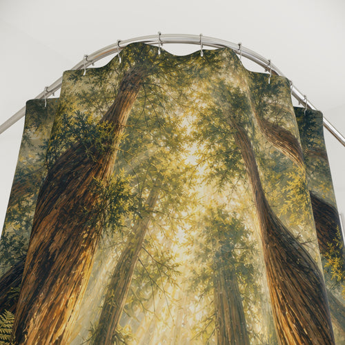 Acrylic Redwood Canopy green blue shower curtain with close-up print, hooks, and folds