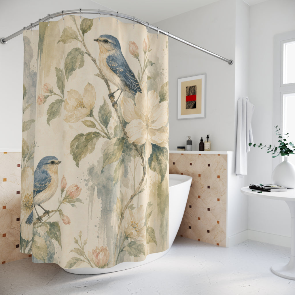 Blue Bird Botanical Watercolor Floral Shower Curtain