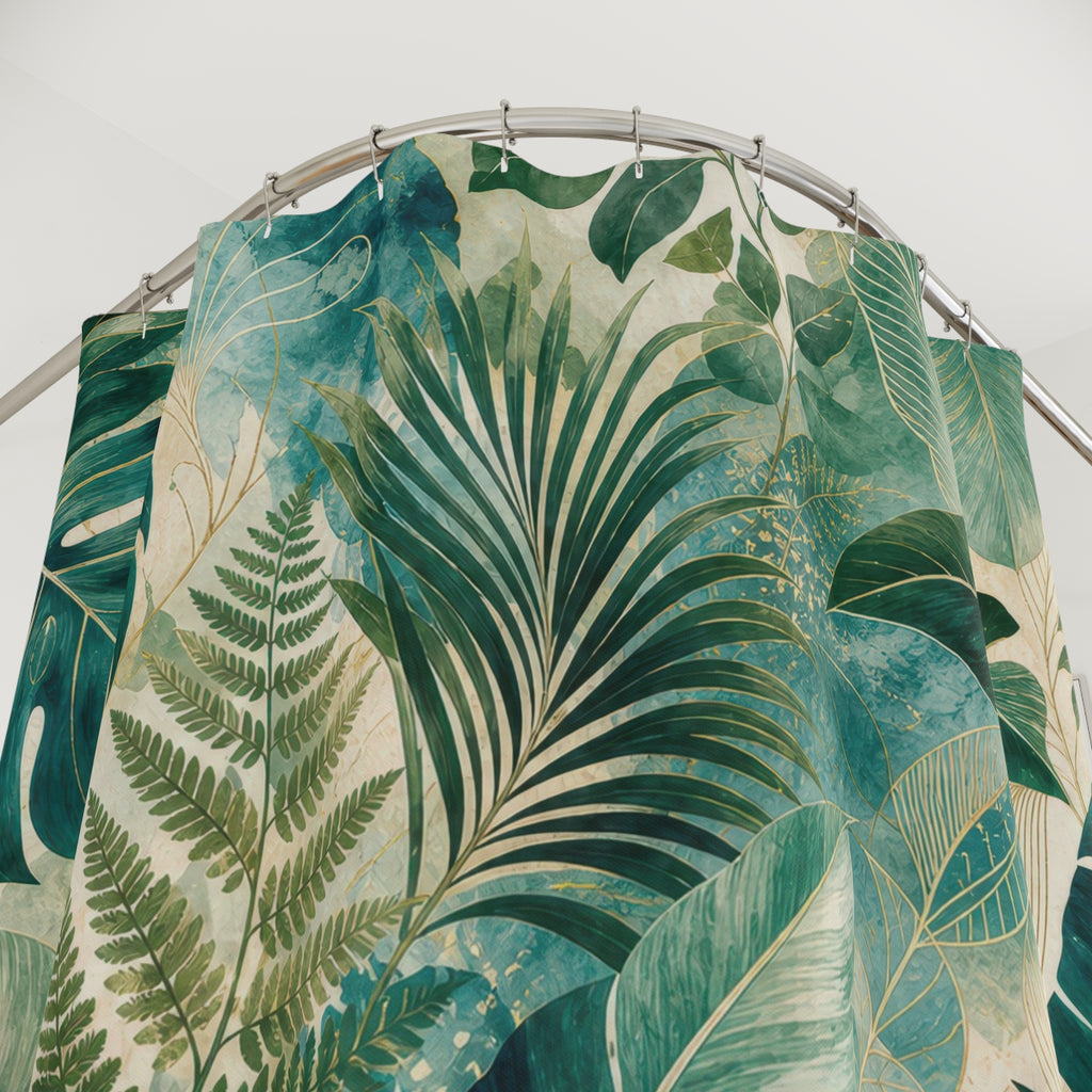 Green and Teal Shower Curtain: Tropical Leaf Pattern