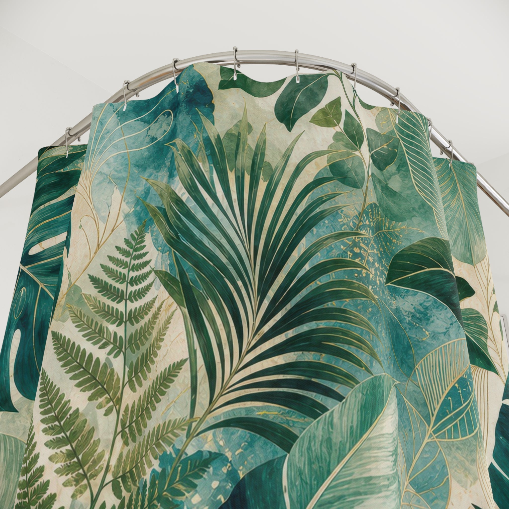 Green and Teal Shower Curtain: Tropical Leaf Pattern