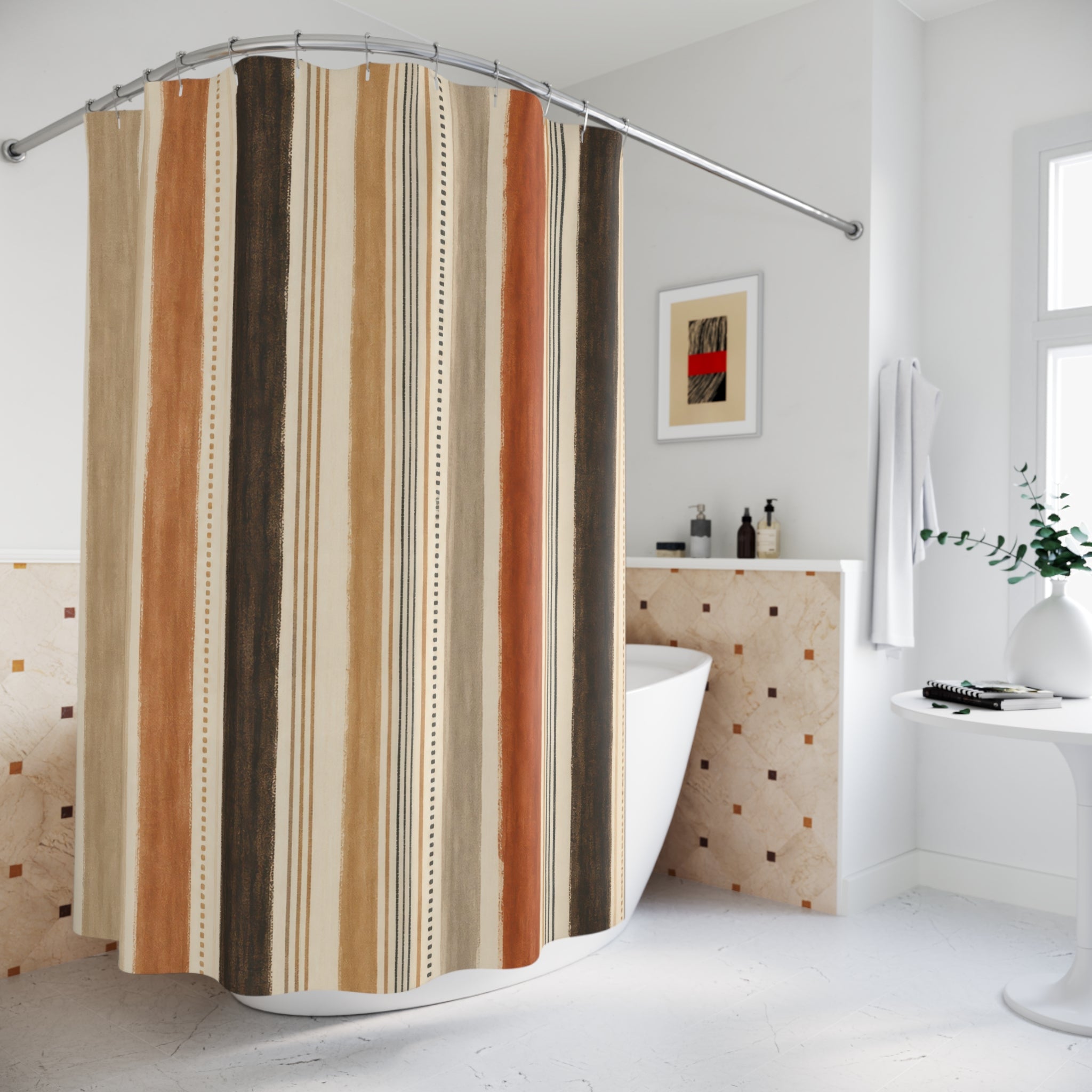 Brown Tan Watercolor Stripe Shower Curtain