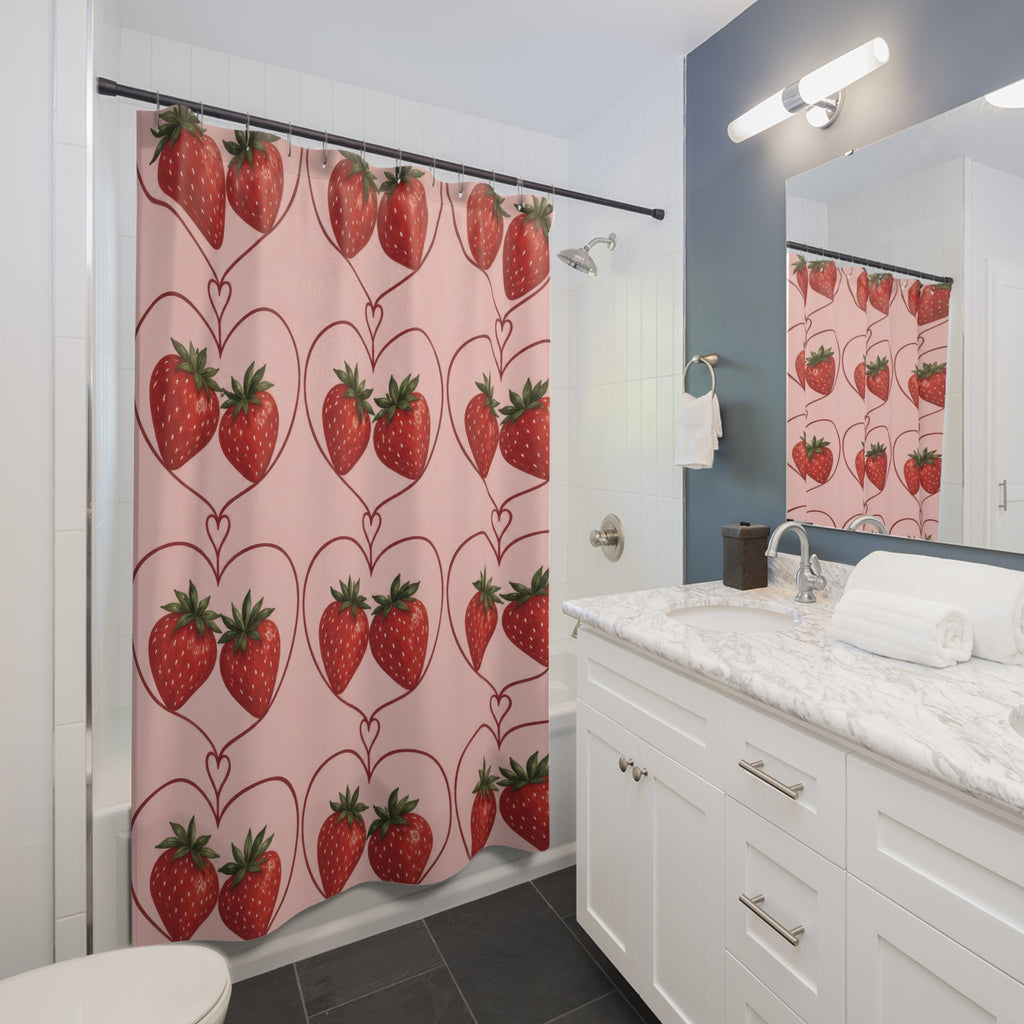 Red strawberry pairs in burgundy hearts on blush pink shower curtain beside a white vanity