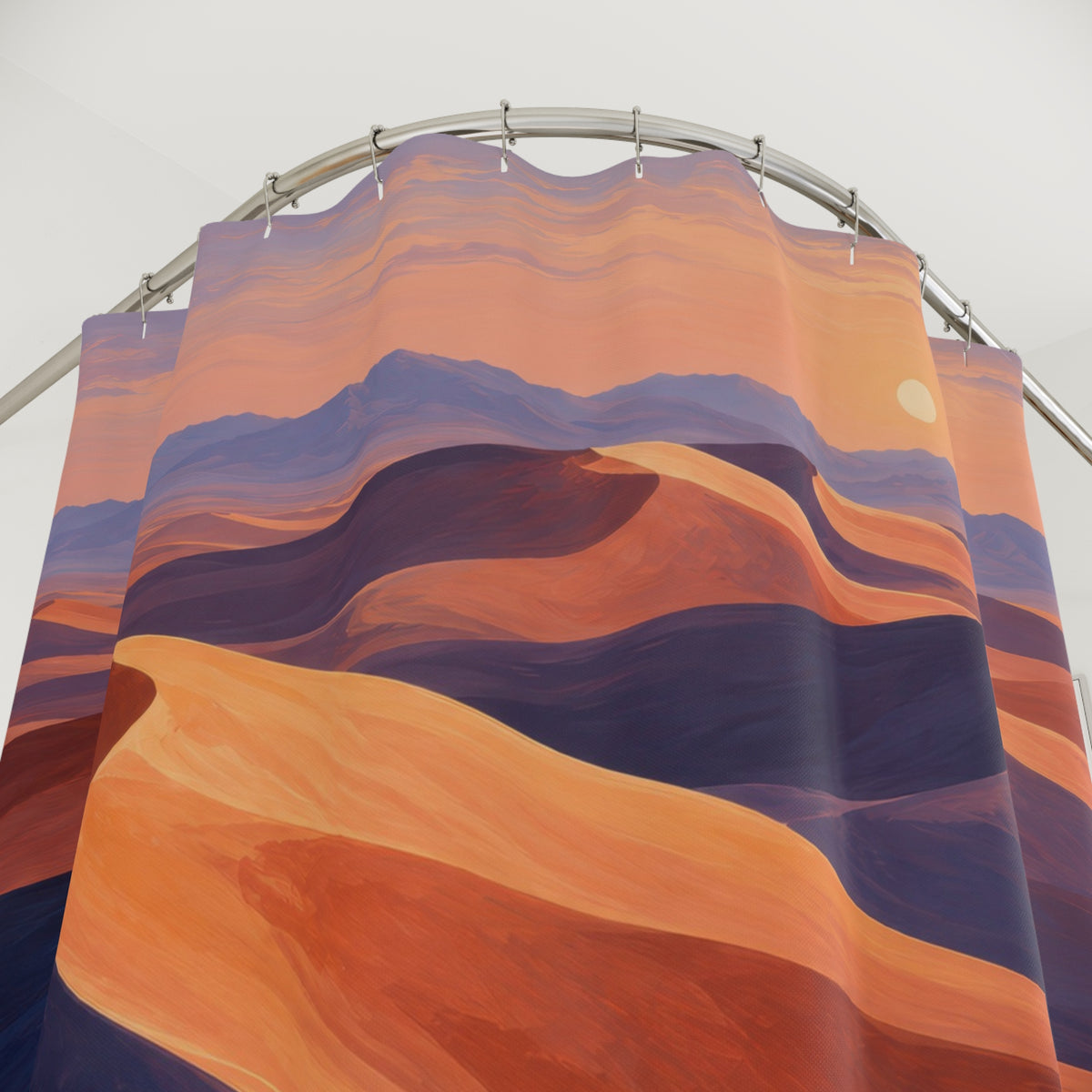 Painted orange dunes with purple canyon layers at sunset shower curtain with close-up print, hooks, and folds
