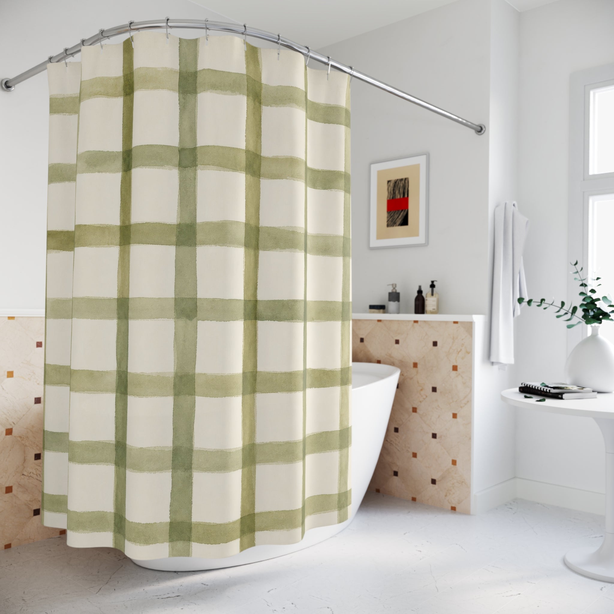 Olive Watercolor Grid Shower Curtain
