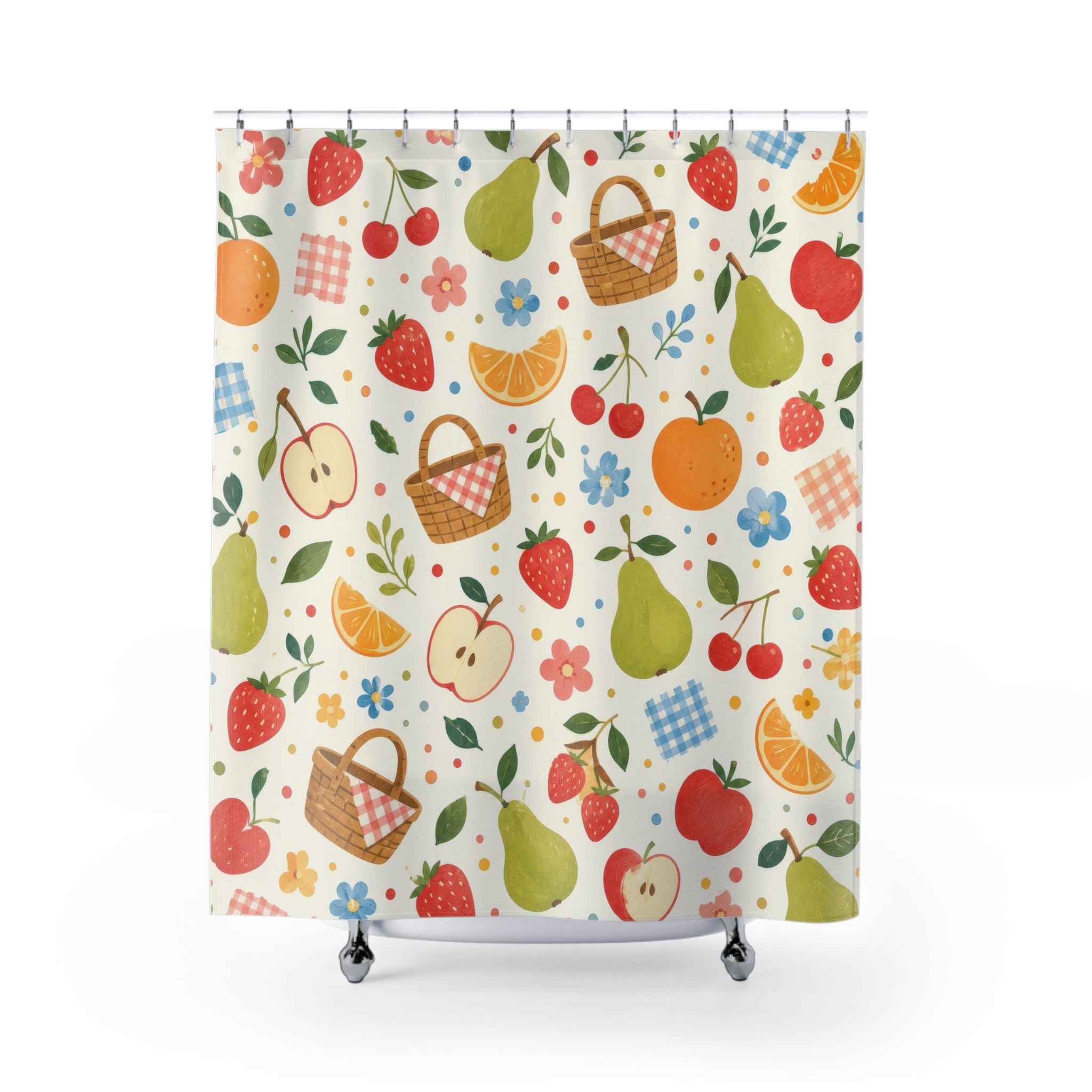 Kids Fruit Shower Curtain, Apple Pear Strawberry Snack Pattern, Colorful Kitchen Bathroom Decor, Playroom Kitchen Wall Guest Bath Gift