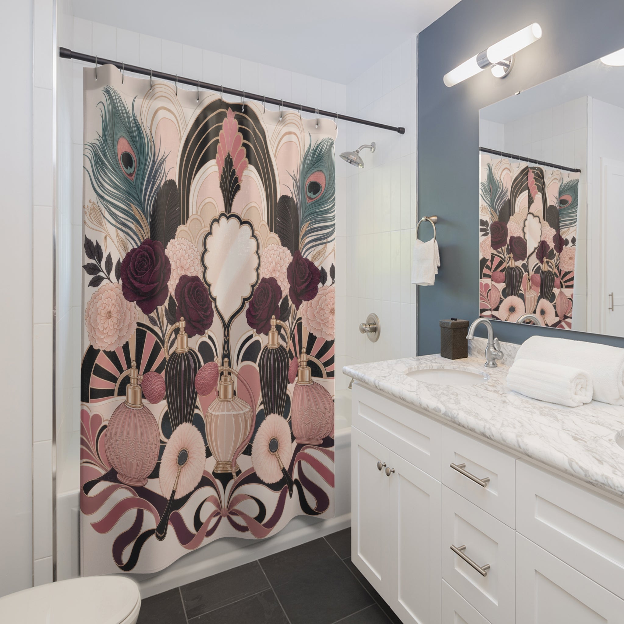 Boudoir Shower Curtain, Art Deco Perfume Vanity Garden
