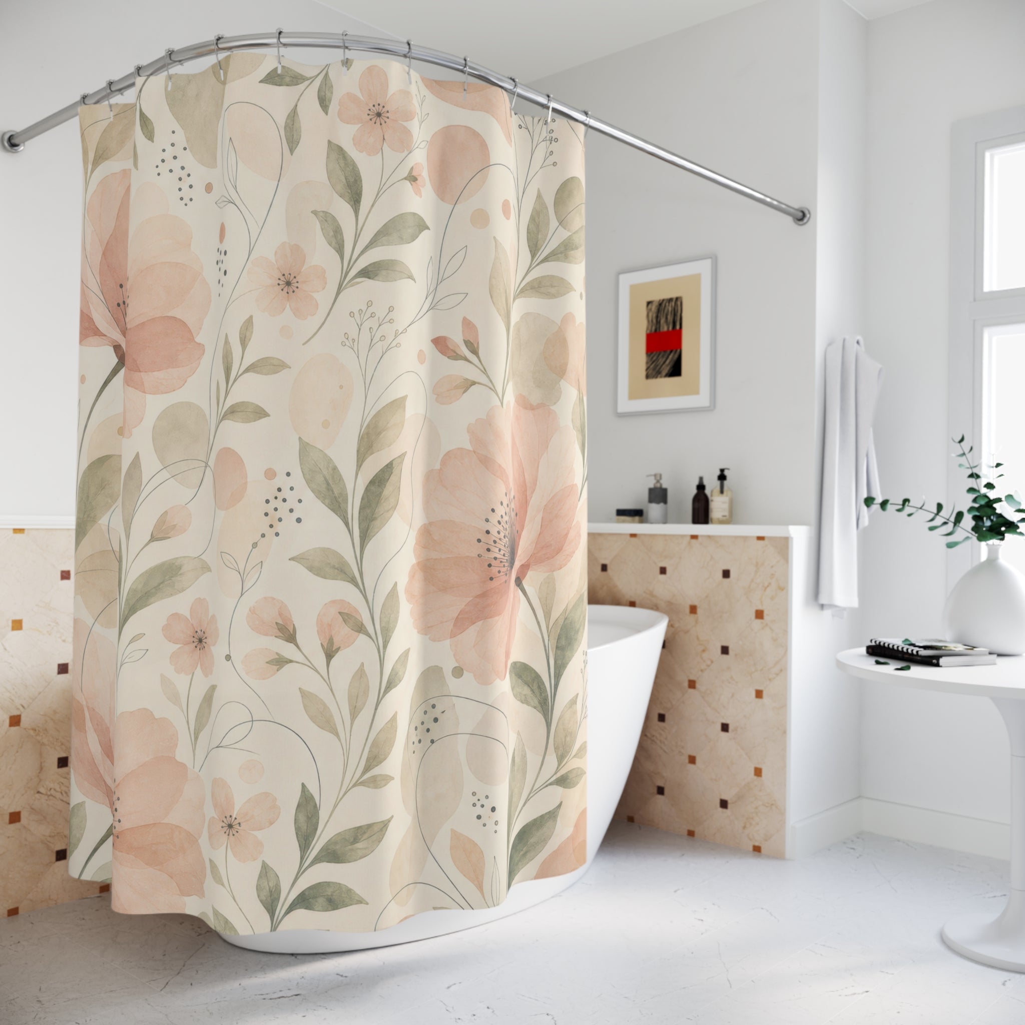 Peach Aesthetic Floral Shower Curtain
