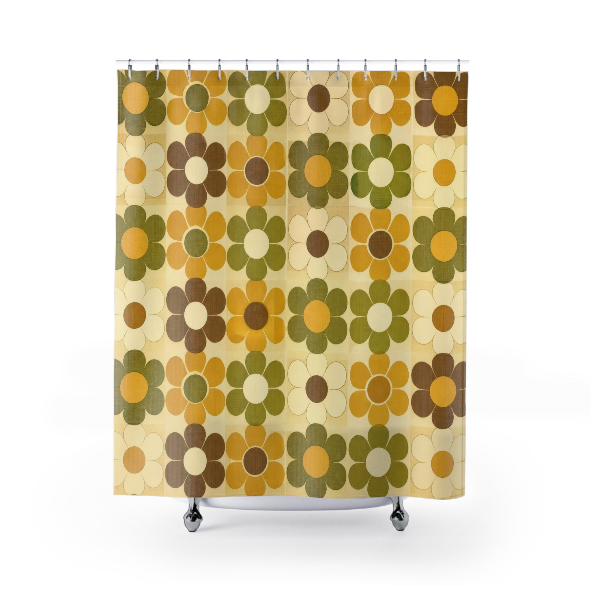 Retro Shower Curtain, 70s Flower Tile Pattern, Mustard Olive Bathroom Decor, 70s Mod Mustard Wall Decor Guest Bath Wall Gift For Home