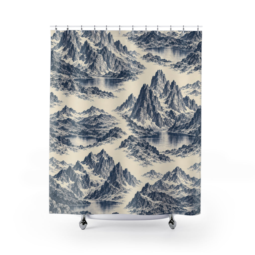 Indigo mountain and lake toile on ivory shower curtain with full front view