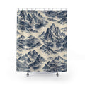 Indigo mountain and lake toile on ivory shower curtain with full front view