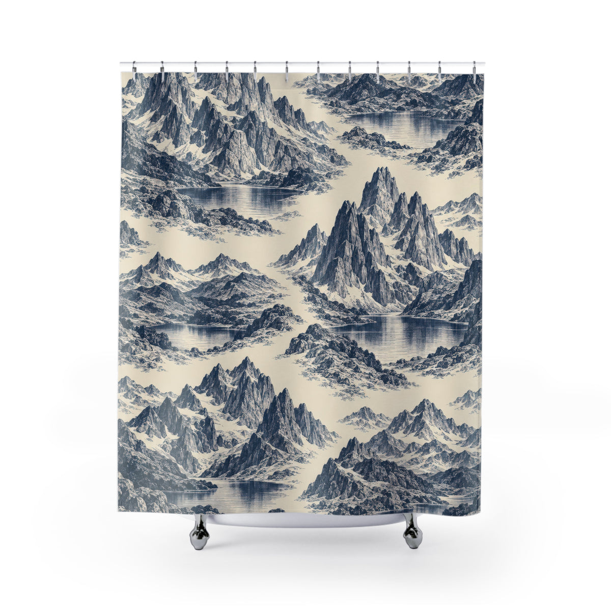 Indigo mountain and lake toile on ivory shower curtain with full front view