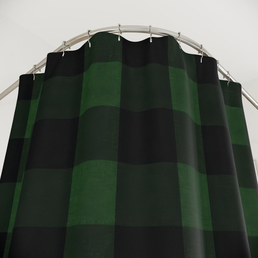 Buffalo Check Shower Curtain, Forest Green Black Plaid Pattern, Rustic Farmhouse Bathroom Decor, Lodge Guest Bath Cabin Style