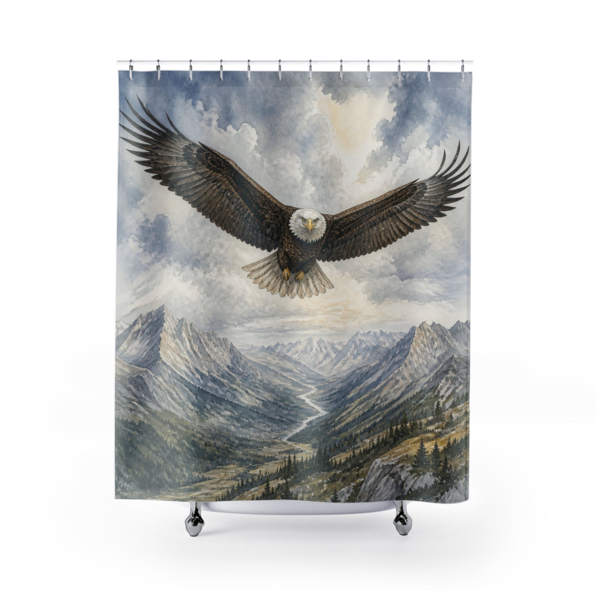 Bald eagle approaching over an alpine valley shower curtain with full front view